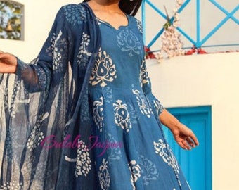 Shubha Blue Cotton Printed Kurti with Ankle Length Pant Kurti Pant Set