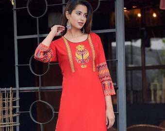 Shubha Jaipuri Bandhej Red Cotton Kurti with Bead Work 34 Sleeve