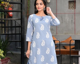 Shubha Blue Cotton Printed Kurti with Ankle Length Pant Kurti Pant Set