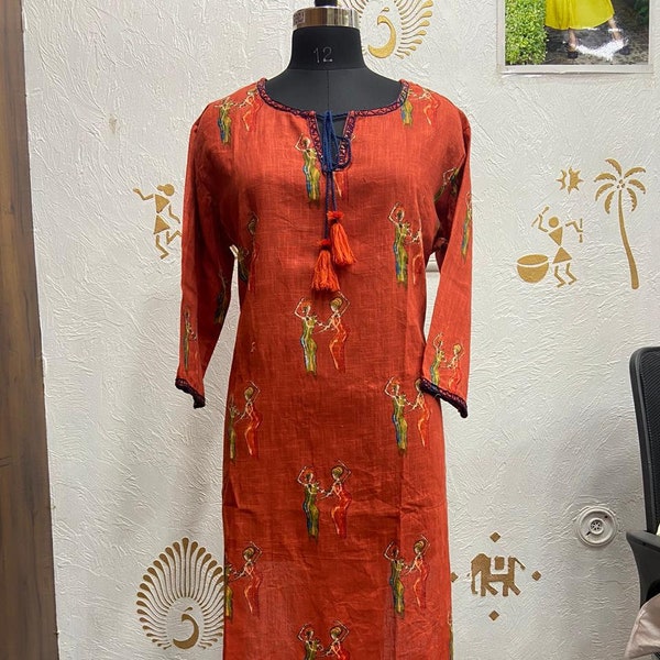 Plus Size Orange Cotton Printed Kurta for woman with Handwork & Tassels, Plus size Indian Dress Women, Kurti for Women, Gift for her