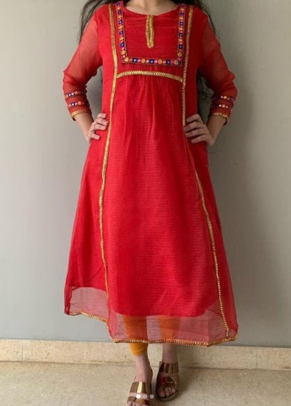 Buy Red Georgette Party Wear Mirror Work Kurti With Sharara Online From  Wholesale Salwar.