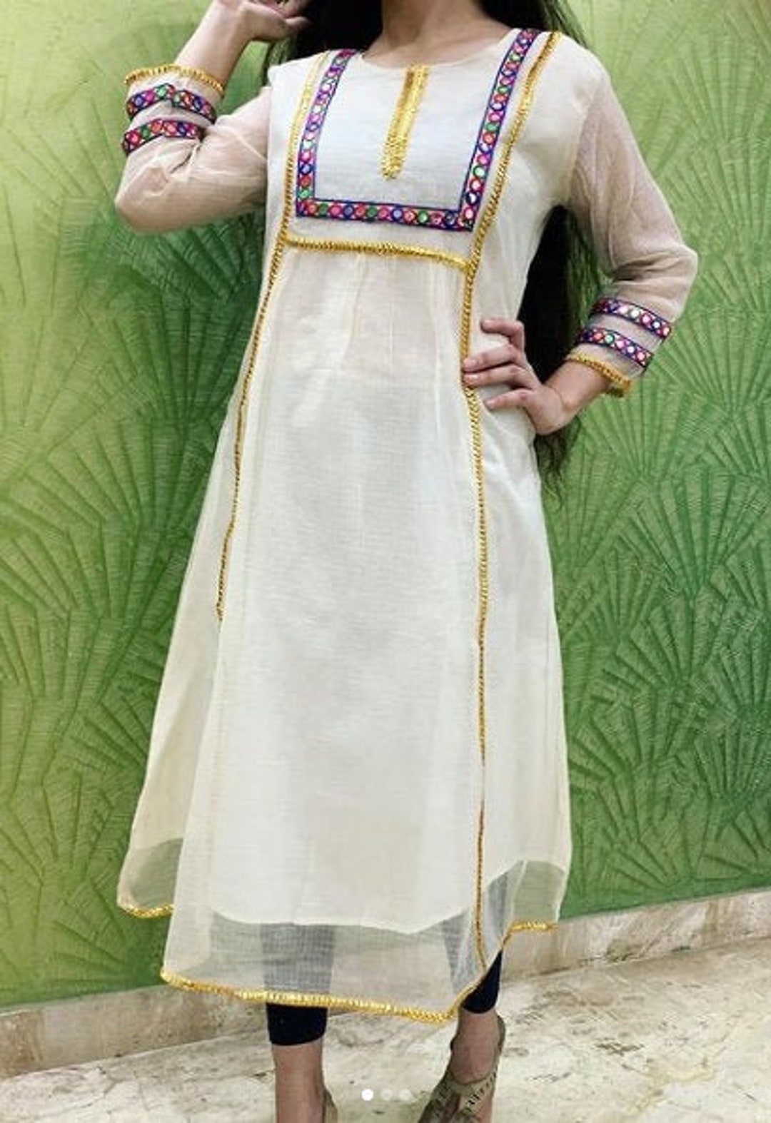 Buy White Cotton Chanderi Embellished A-Line Kurta Online in India
