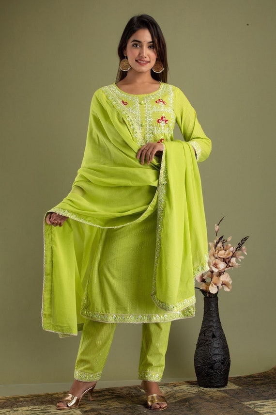 Green/Yellow Floral Jaipur Cotton Kurti With Pant And Dupatta Set .Pure  Versatile Cotton. | Laces and Frills | Laces and Frills