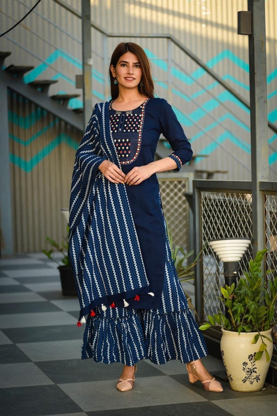 This Kurti Sharara Dupatta Set Embroidered With Sequence Work