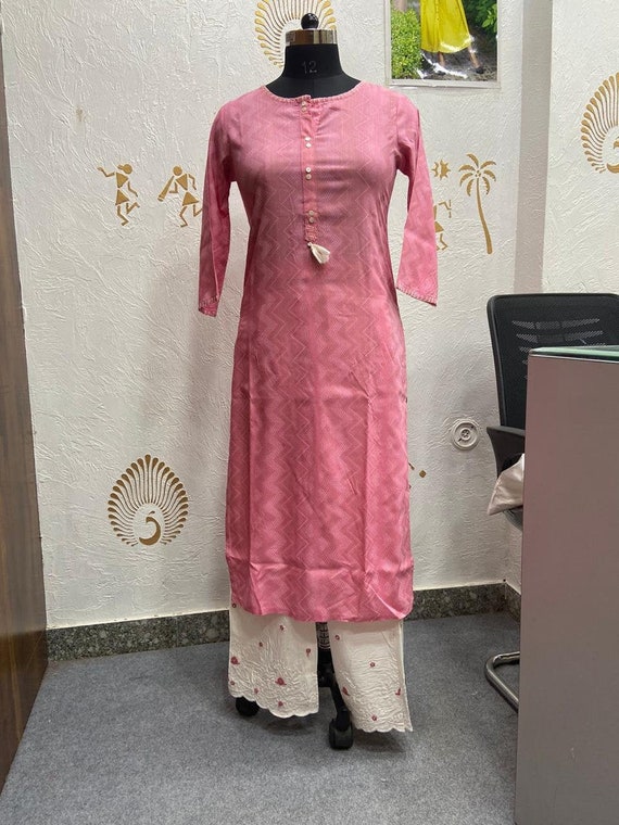 Pink Rayon Slub Printed Kurti Pant Set 
