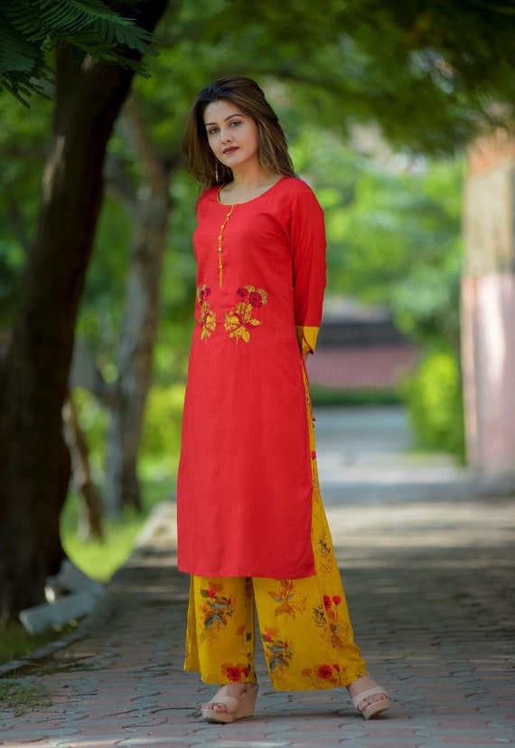 Indian women kurti dupatta palazzo set cotton dress top tunic printed kurta  pent | eBay