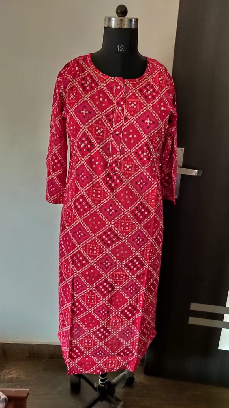 Shubha Jaipuri Bandhej Red Cotton Kurti with Bead Work 34 Sleeve