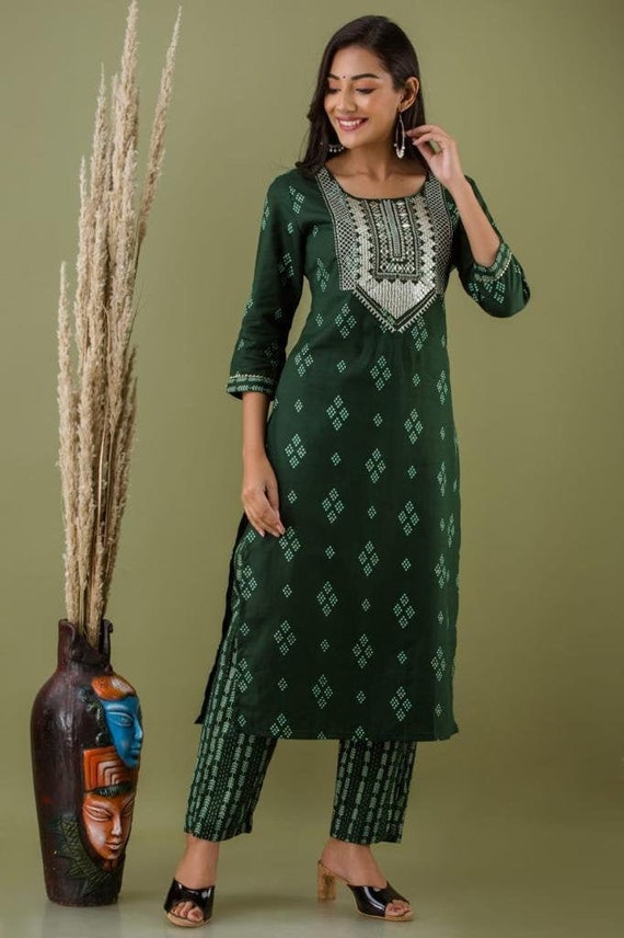 Green Cotton Embroidered Kurti Pant Set with Zari Gold Touching 2 Piece Indian Dress Woman Salwar Kameez Kurta Set t Rakhi Gift