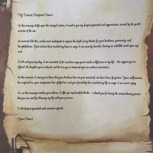 May include: A handwritten letter on aged parchment paper. The text is in black ink and includes phrases like "My Dearest," "deepest gratitude," and "warmest regards." The paper has a rolled edge and a sepia tone.