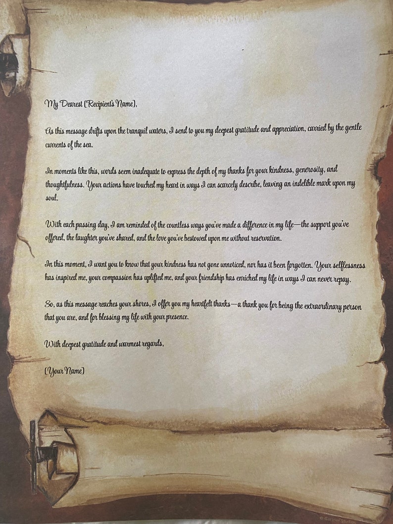 May include: A handwritten letter on aged parchment paper. The text is in black ink and includes phrases like "My Dearest," "deepest gratitude," and "warmest regards." The paper has a rolled edge and a sepia tone.