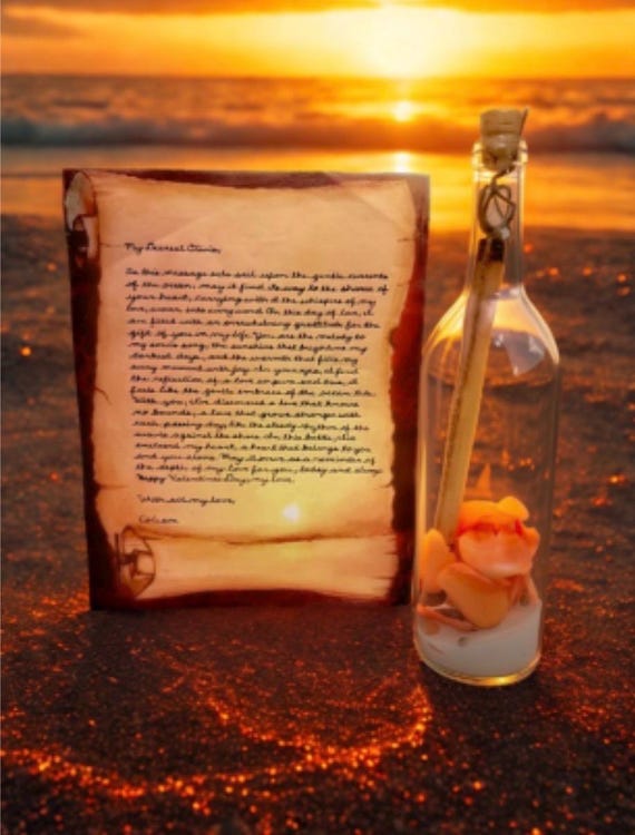 A handcrafted bottled love letter with white sand and real dried orange petals — tangible, romantic, and far more tactile and story-worthy than a card or digital keepsake.