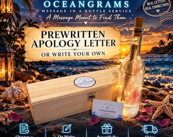 Luxury Apology Message in a Bottle | Prewritten or Personalized Letter | Romantic Keepsake with Wooden Treasure Chest