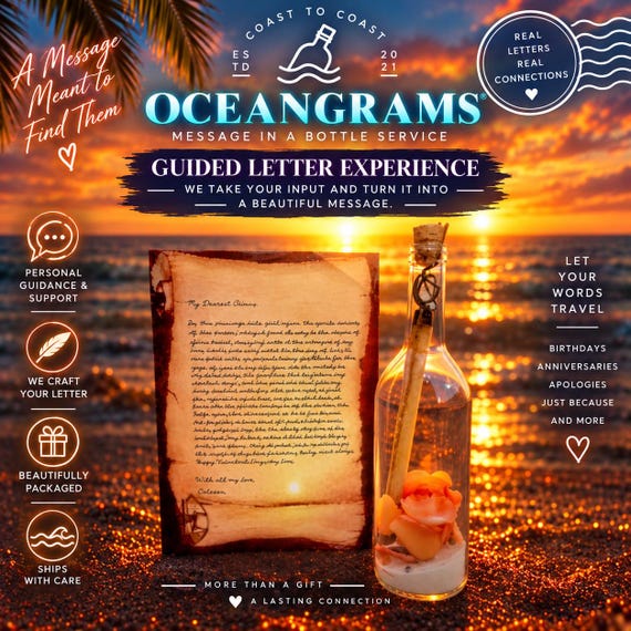 A handcrafted bottled love letter with white sand and real dried orange petals — tangible, romantic, and far more tactile and story-worthy than a card or digital keepsake.