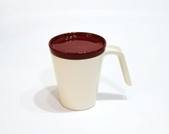 Stoneware handle white mug with burgundy lid/tea platter SET / For everyday home / Gift essential