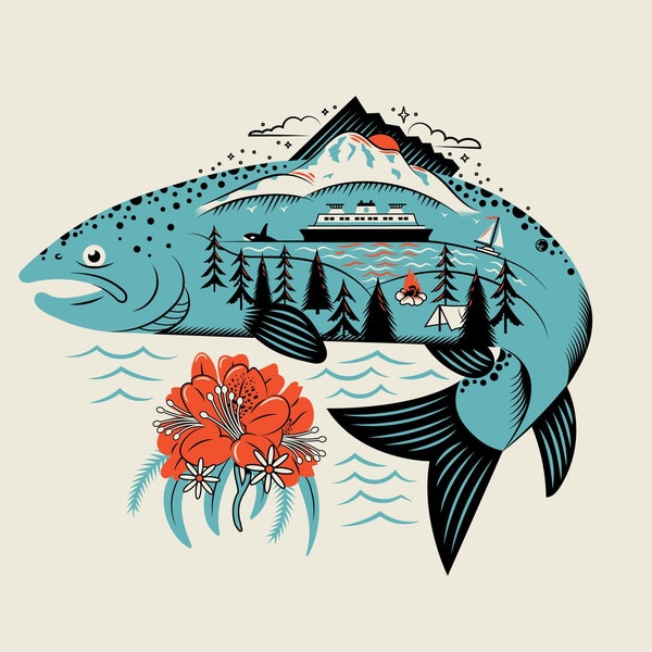 San Juan Islands Salmon Illustration Jumping Fish Ferry Rhododendron Flower Pacific Northwest Art Print