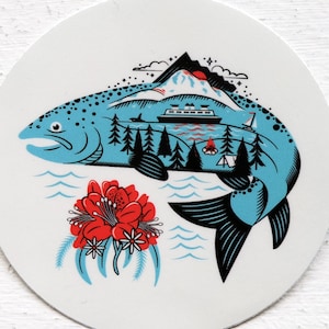Salmon Illustration Jumping Fish Ferry Rhododendron Flower Pacific Northwest Sticker