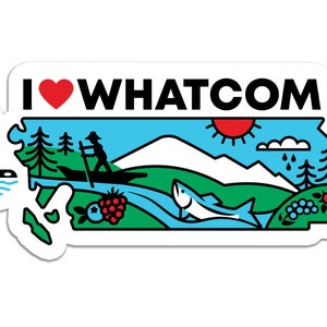 Könnte beinhalten: Ein Aufkleber mit dem Text "I ♥ WHATCOM" in schwarzen Buchstaben mit einem roten Herzen. Der Aufkleber zeigt eine stilisierte Illustration einer Landschaft mit Bergen, einem Fluss, einer Sonne, einer Wolke mit Regen, einer Person in einem Boot, einem Fisch und Beeren.
