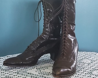 Antique Edwardian Victorian Women's Lace Up Leather Boots Shoes