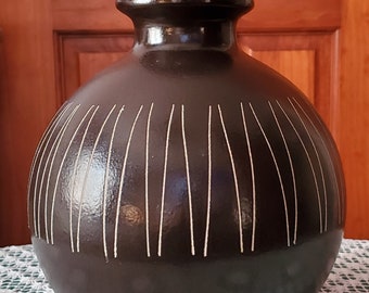 Vintage Larry Laslo By HAEGER Glossy Brown with Off-White Lines Modernist Vase