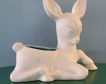 Vintage MCM Royal Haeger Art Pottery Deer Planter Cotton White Teal Glaze R1913 Gorgeous for Christmas Greenery!