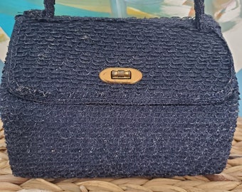 Vintage 1950s or 1960s Boxy Navy Raffia Doctor's Bag Style Handbag