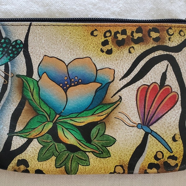 Anuschka Hand Painted Colorful Leather Flower Make-Up Cosmetic Bag