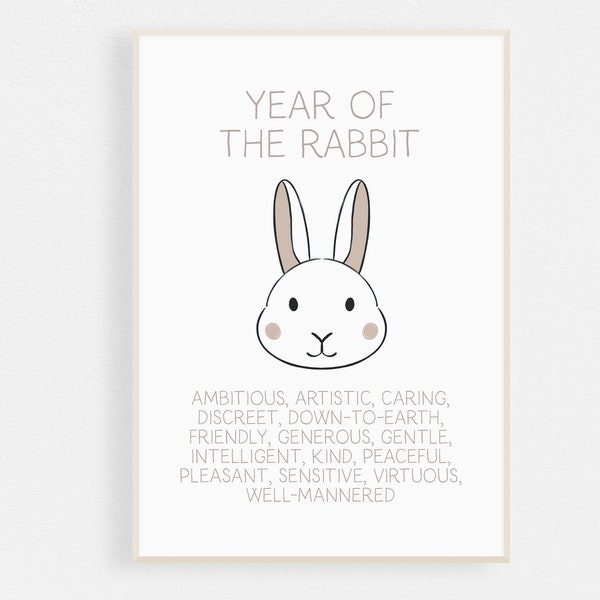 Adorable Rabbit printable - 2023 - For a baby born in the Year of the Rabbit - Instant Download - Just download, print and frame!