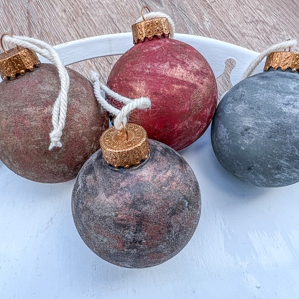 Textured Christmas Ornaments, rustic ornaments, vintage style ornaments, distressed ornaments, earth tone Christmas ornaments, four pack