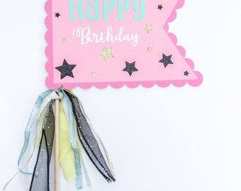 Happy birthday flag, happy birthday pennant flag, happy birthday sign for photos, birthday flag for gift basket