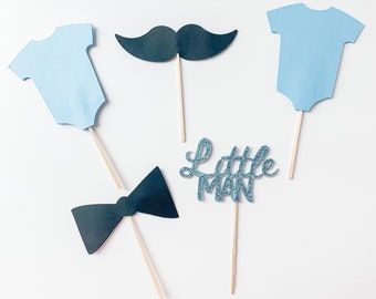 Little man baby shower cupcake toppers-blue onesie-mustache-bow tie-baby boy