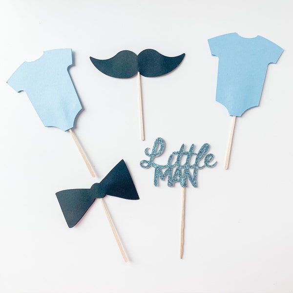little man cupcake toppers, little man baby shower, bow tie and mustache cupcake toppers, baby onesie cupcake toppers, boy baby shower