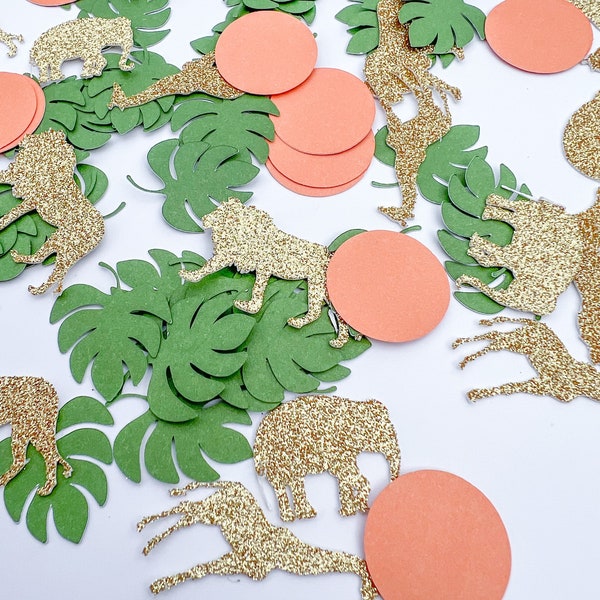 Safari animal confetti, safari animal and leaves confetti, safari gold glitter animal confetti, safari gold animal confetti