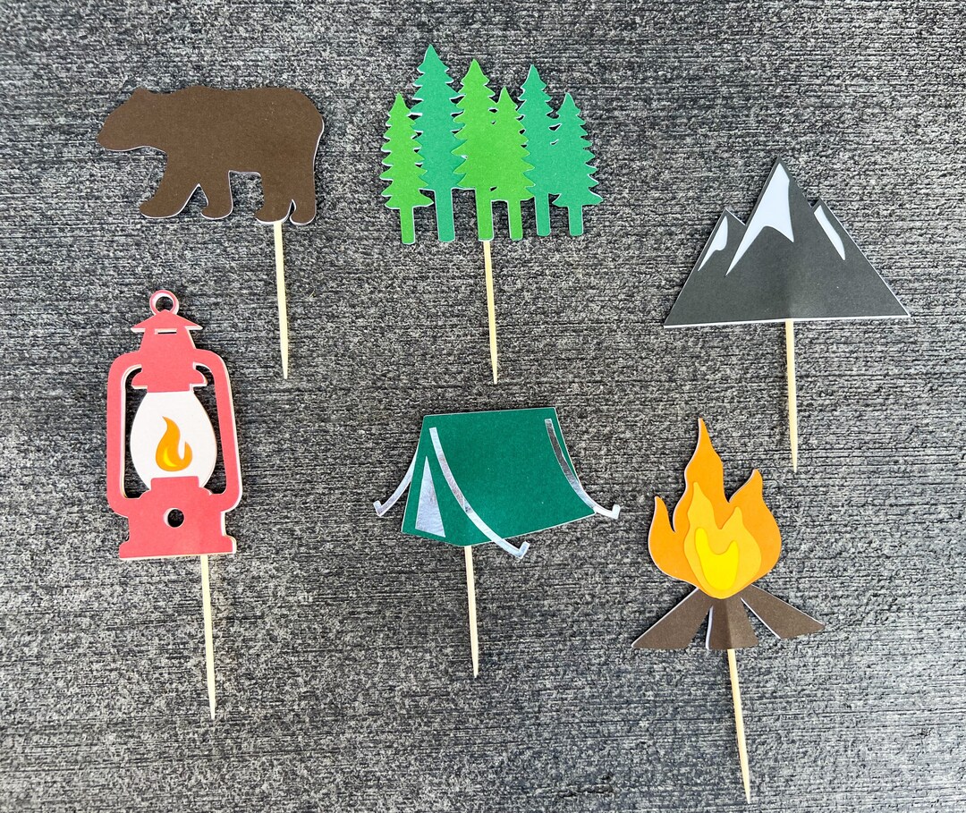 6 Pack Camping Cupcake Toppers, Camping Birthday Party Cupcake Toppers