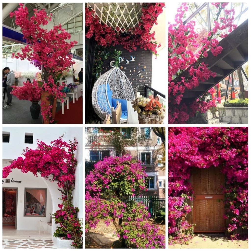 Pack of 8 Fuchsia Artificial Flowers Stems Silk Bougainvillea Branches ...