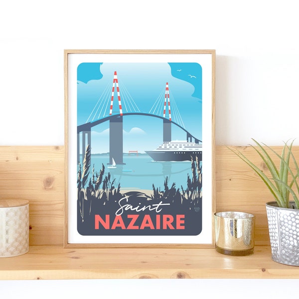 Illustration Saint Nazaire, Tableau Saint Nazaire, Décor paysage France, Illustration pont, Affiche PittoResco, Dessin océan atlantique