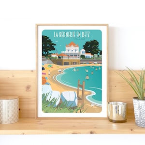 Illustration La Bernerie 30x40, Affiche La Bernerie en Retz, Ville France, Illustration plage, Affiche PittoResco, Dessin océan atlantique