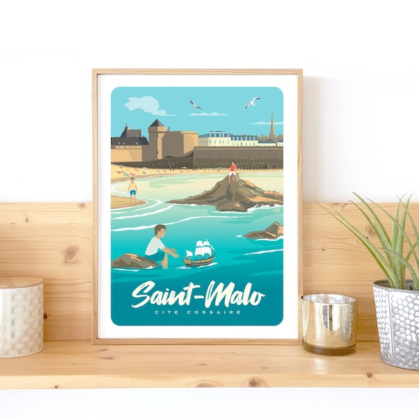 Illustration St Malo 30x40, Affiche Plage, Remparts St Malo, Illustration plage France, Poster style vintage, PittoResco