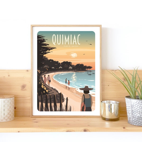 Illustration Quimiac, Affiche Mesquer, Poster Coucher de soleil, Poster Plage Bretagne, Illustration France, Poster style vintage,PittoResco