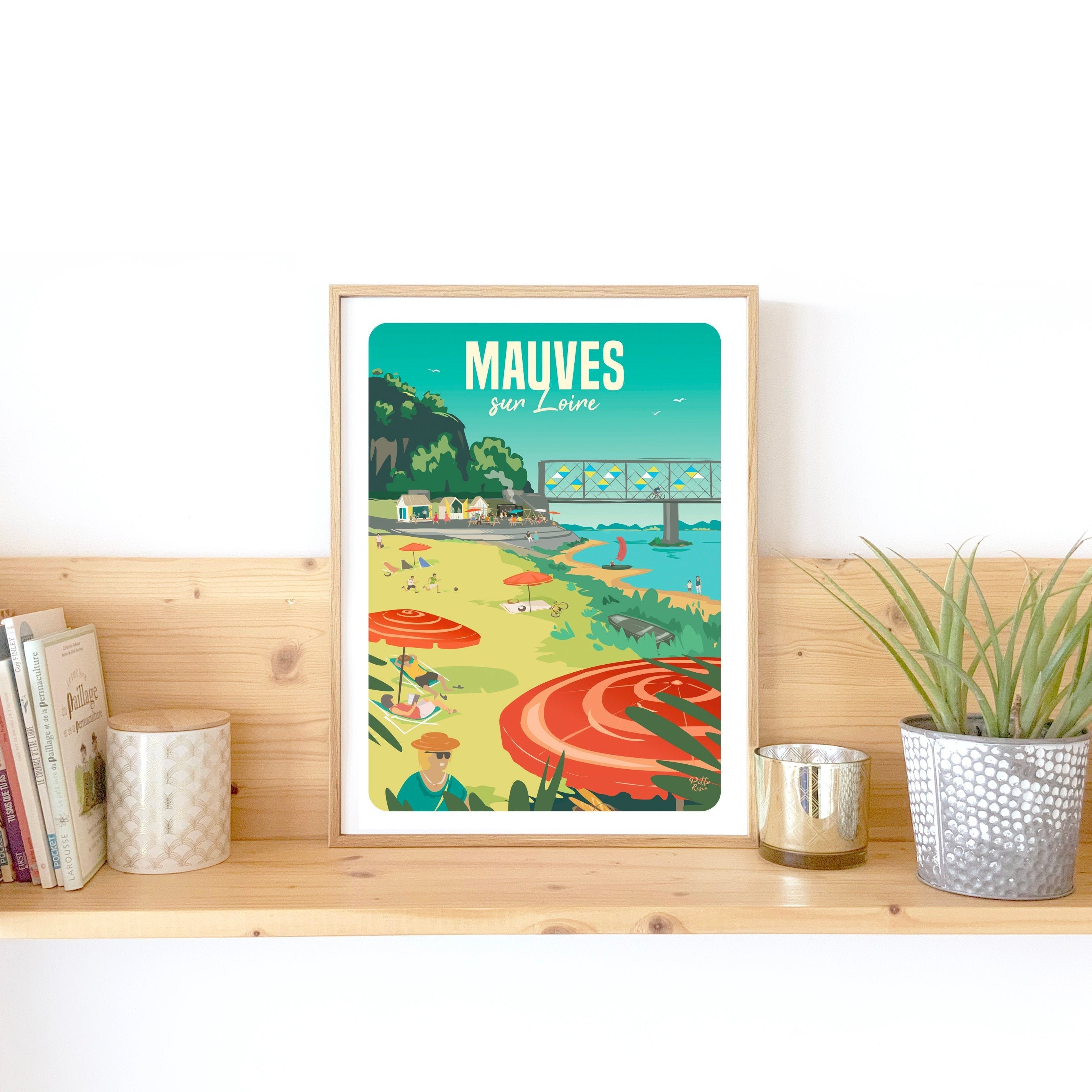 Illustration Mauves sur Loire, Tableau Plage Mauves, Affiche Ville France, Illustration Paysage Loir