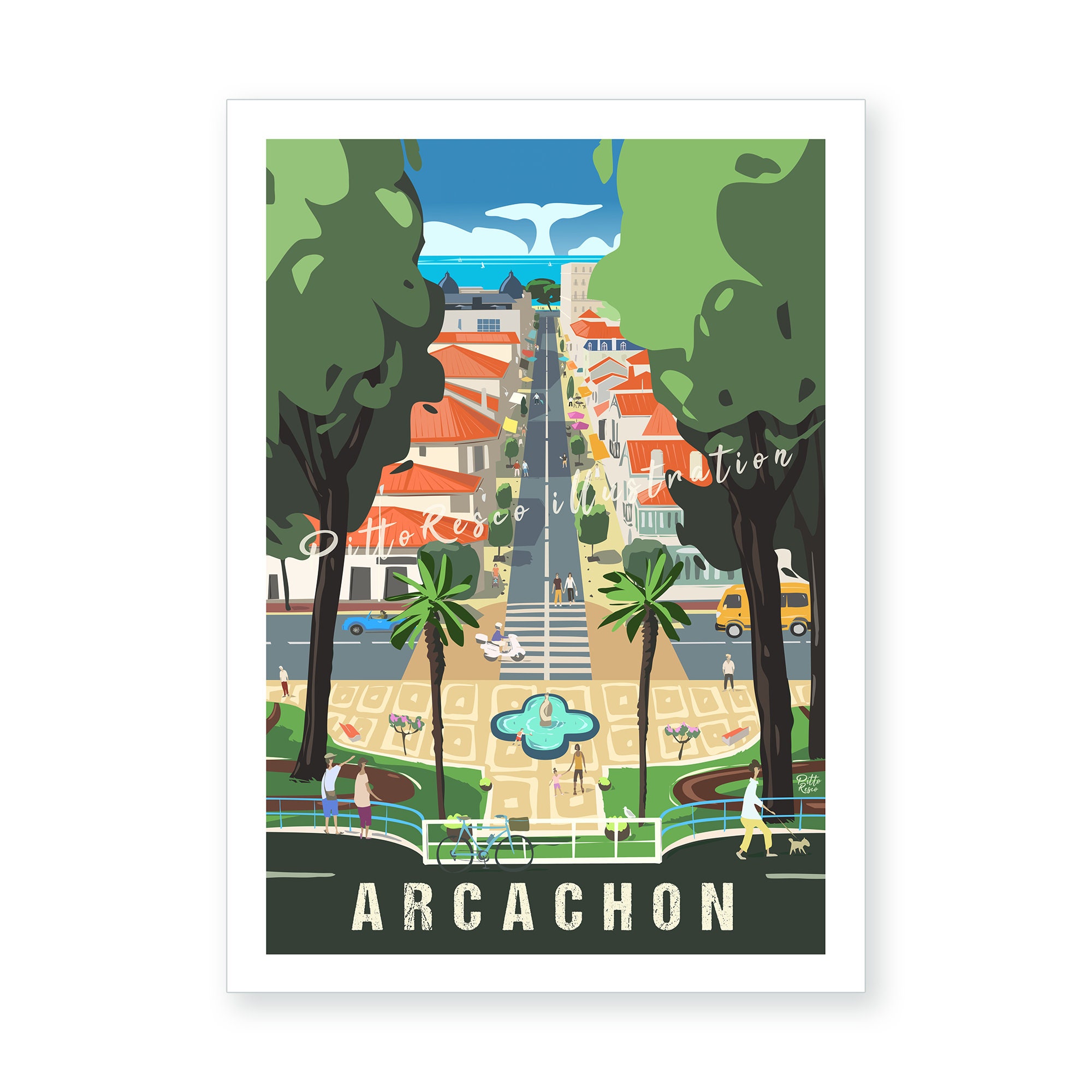 Affiche Arcachon, Poster Ville Affiche France, Illustration Vacances, Pittoresco, Dessin Océan Atlan