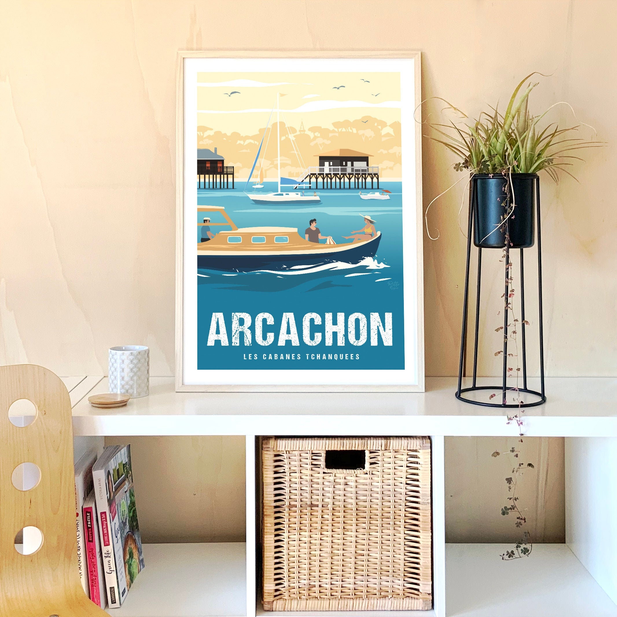 Affiche Arcachon, Poster Cabanes Tchanquées, Affiche Paysage France, Illustration Pinasse, Pittoresc