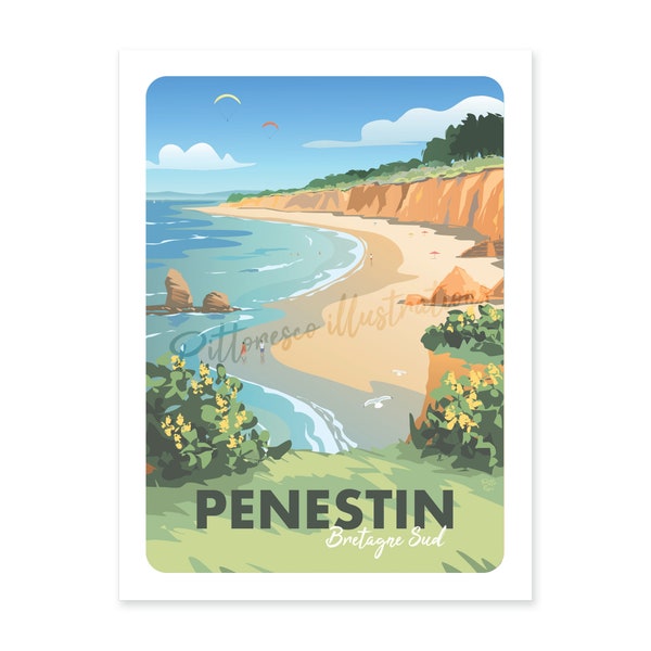 Illustration Penestin, Tableau Mine d'Or, Décoration paysage France, Illustration port, Affiche PittoResco, Dessin océan atlantique