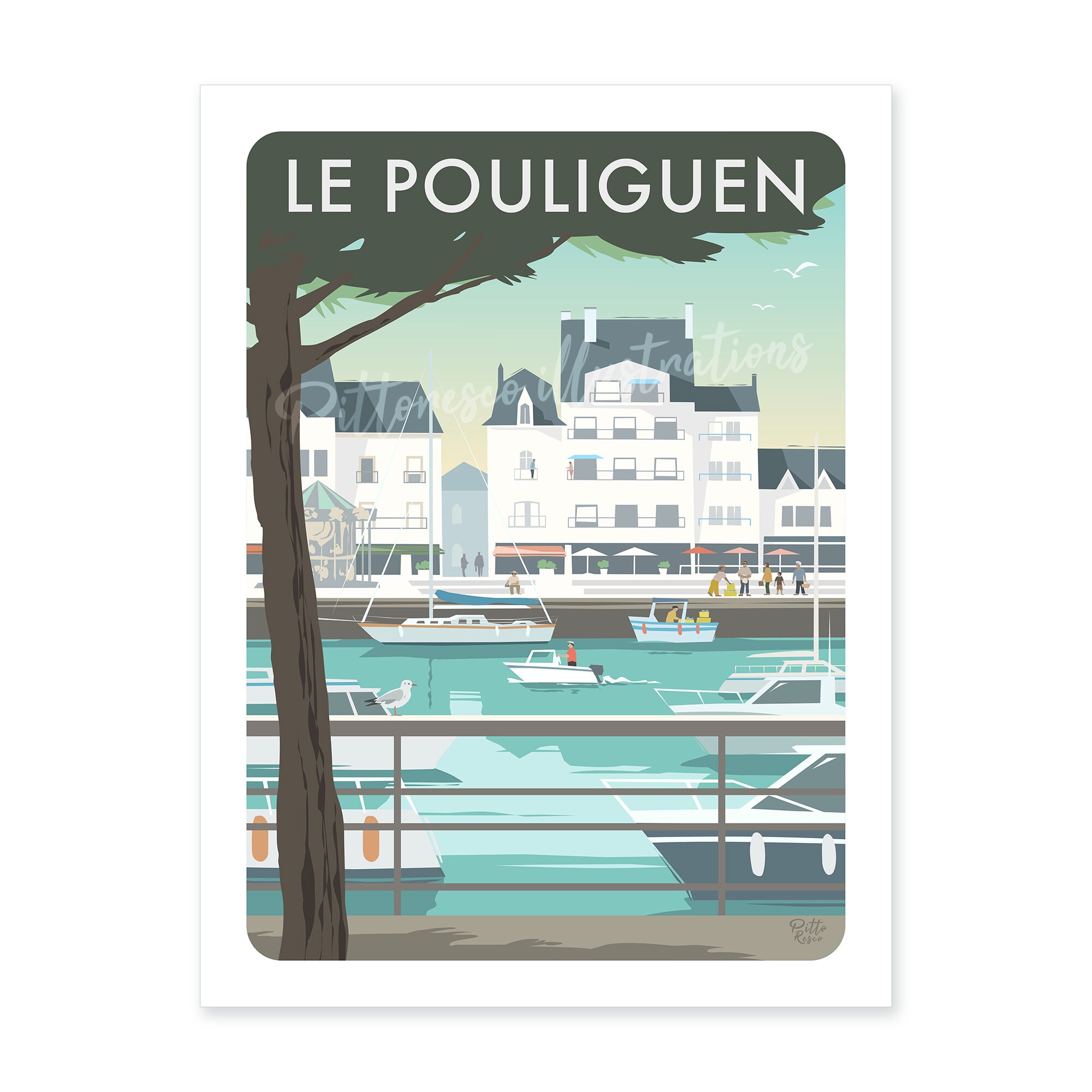 Illustration Le Pouliguen, Tableau Cote d'amour, Décoration Paysage France, Illustration Port, Affic