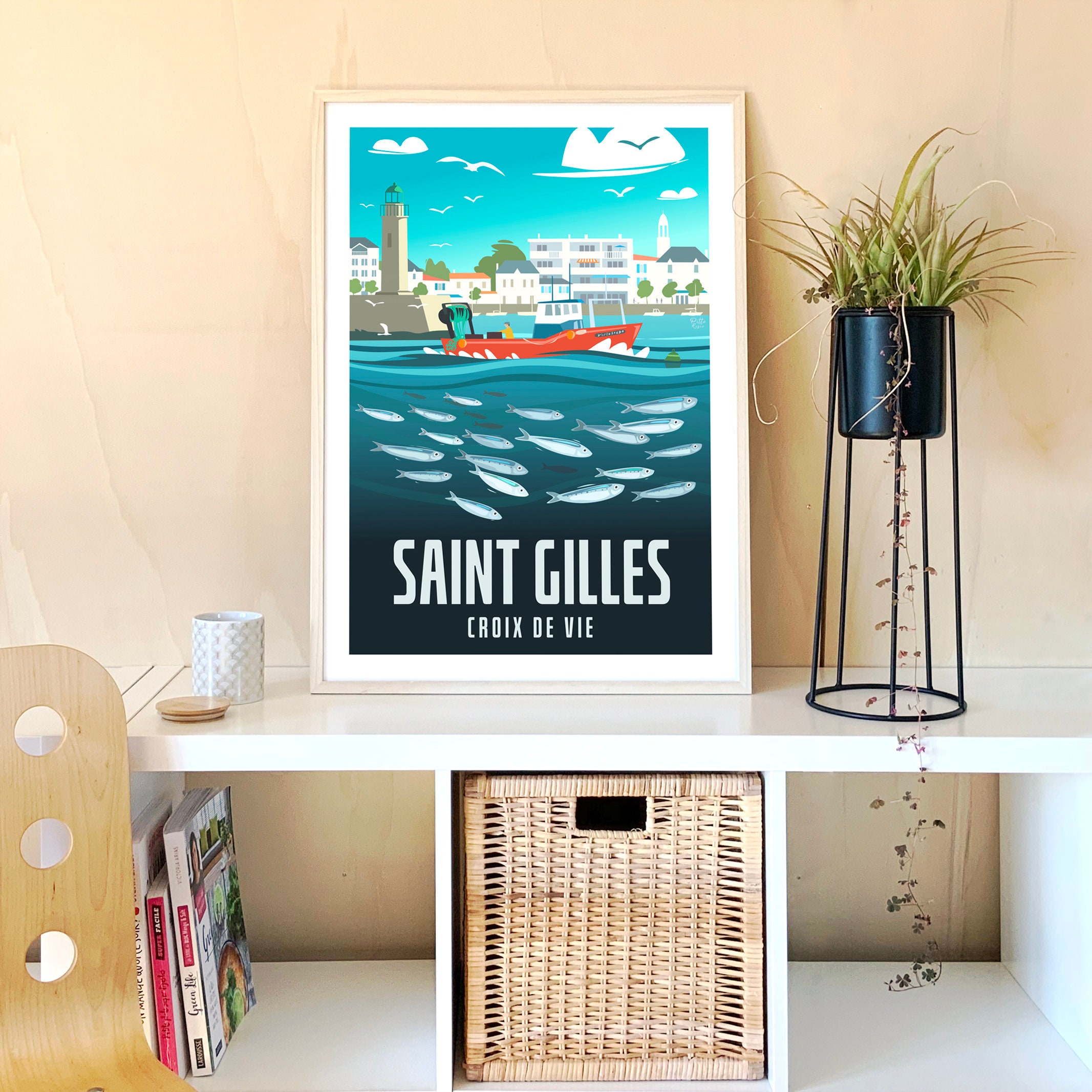 Affiche St Gilles, Poster Port Saint Gilles Croix de Vie, Affiche Côte Atlantique, Illustration Pays