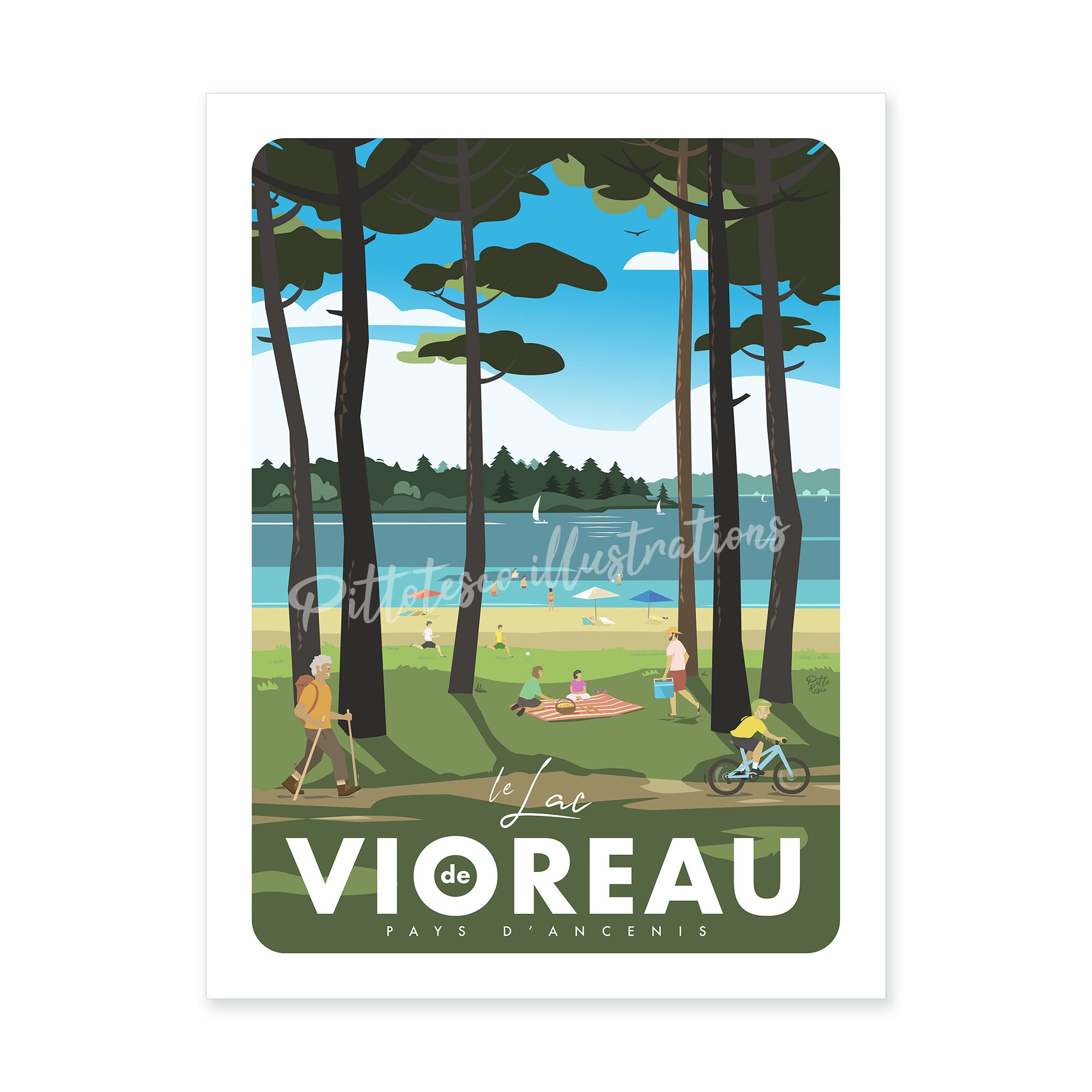 Illustration Lac de Vioreau, Dessin Vignoble Ancenis, Loire Atlantique, Illustration Paysage France,