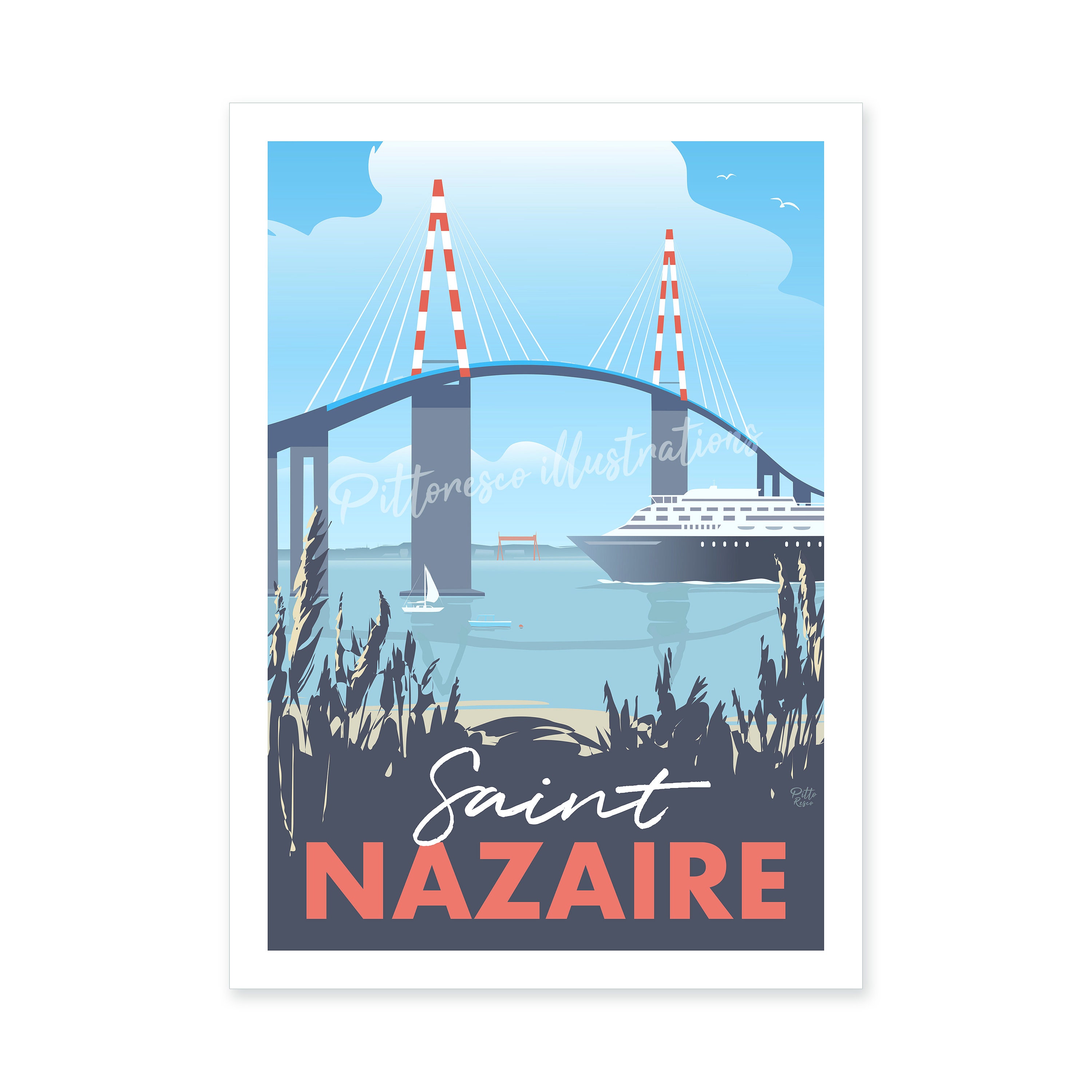 Affiche Saint Nazaire, Poster Affiche Paysage France, Illustration Atlantique, Pittoresco, Dessin Oc