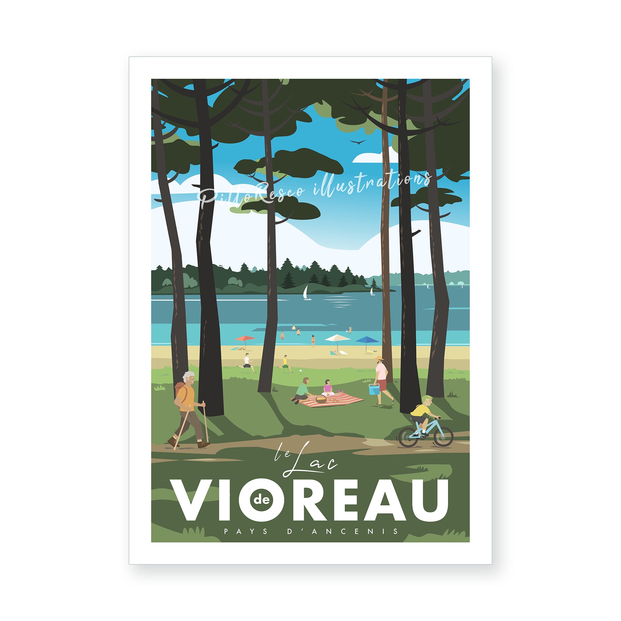 Affiche Lac de Vioreau, Poster Vignoble Ancenis, Affiche Loire Atlantique, Illustration Paysage Fran