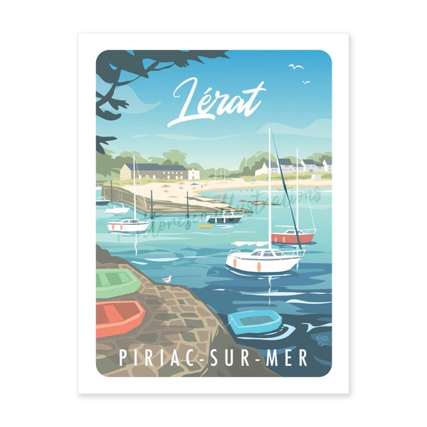 Illustration Piriac sur Mer, Affiche Lérat, Poster port, Affiche Loire Atlantique, Illustration France, Poster style vintage, PittoResco