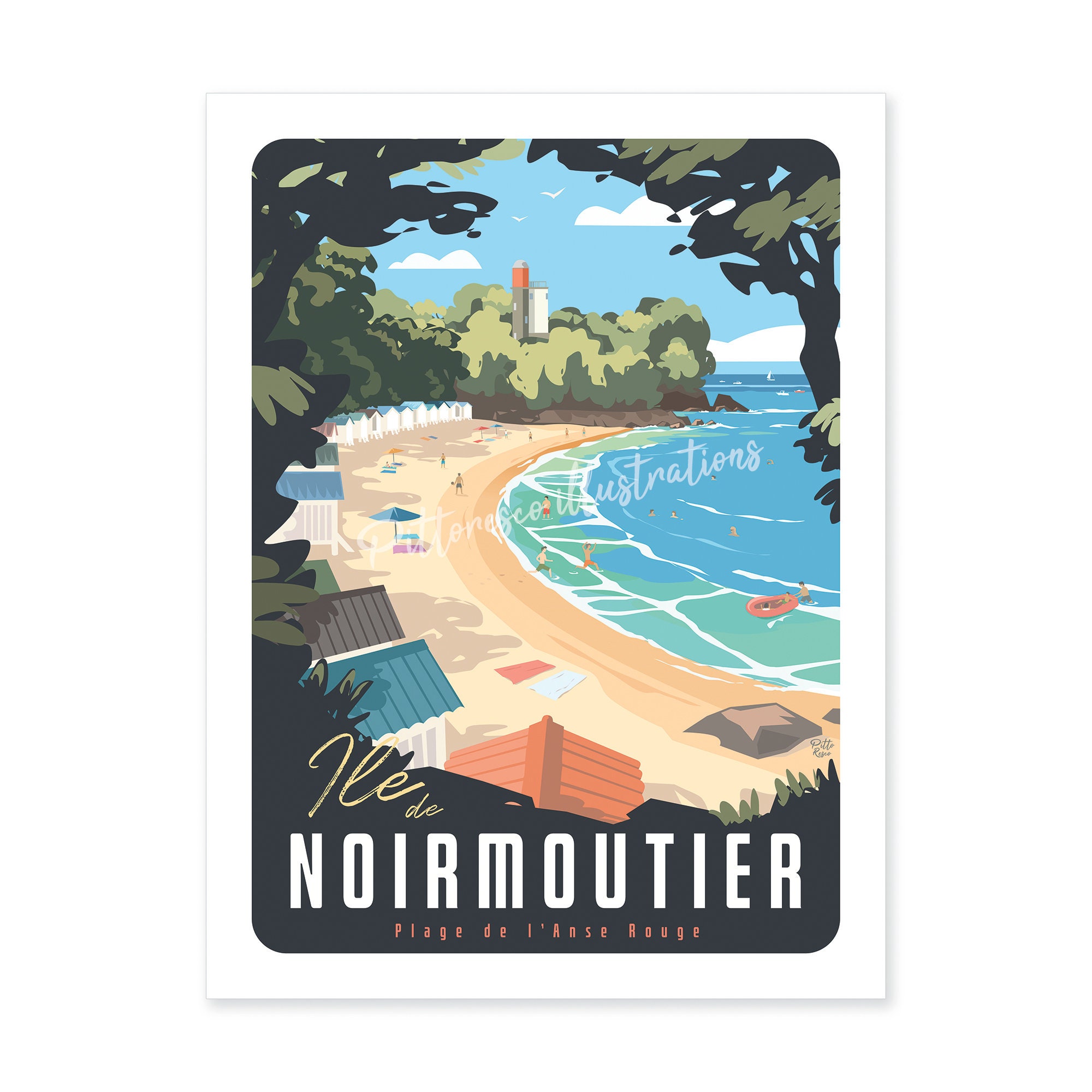 Illustration Noirmoutier 30x40, Affiche Plage, Ile de Noirmoutier, Illustration Plage France, Poster