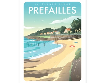 Illustration Préfailles, Cadre Côte atlantique, Affiche Tharon, Illustration la Plaine sur mer France, Poster style vintage, PittoResco